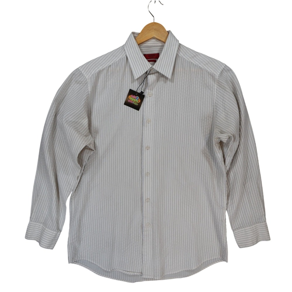 Alfani Button Down Mens‎ M White Excellent Fitted Stretch Easy Care Striped